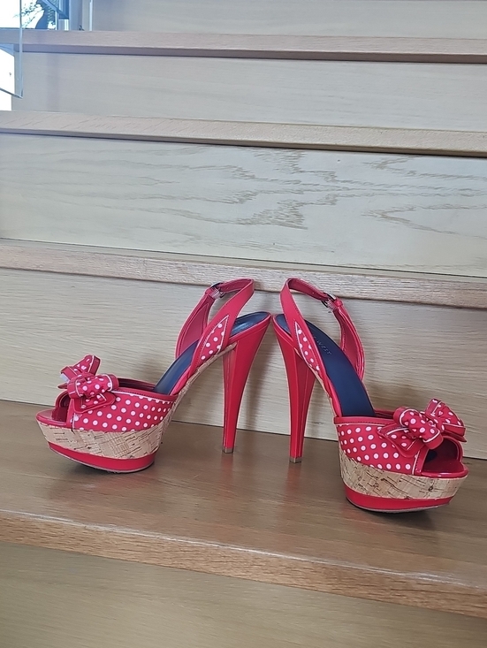 Nine West Shoes - Nine West Red Polka Dot Platform Slingback Heels with Bow